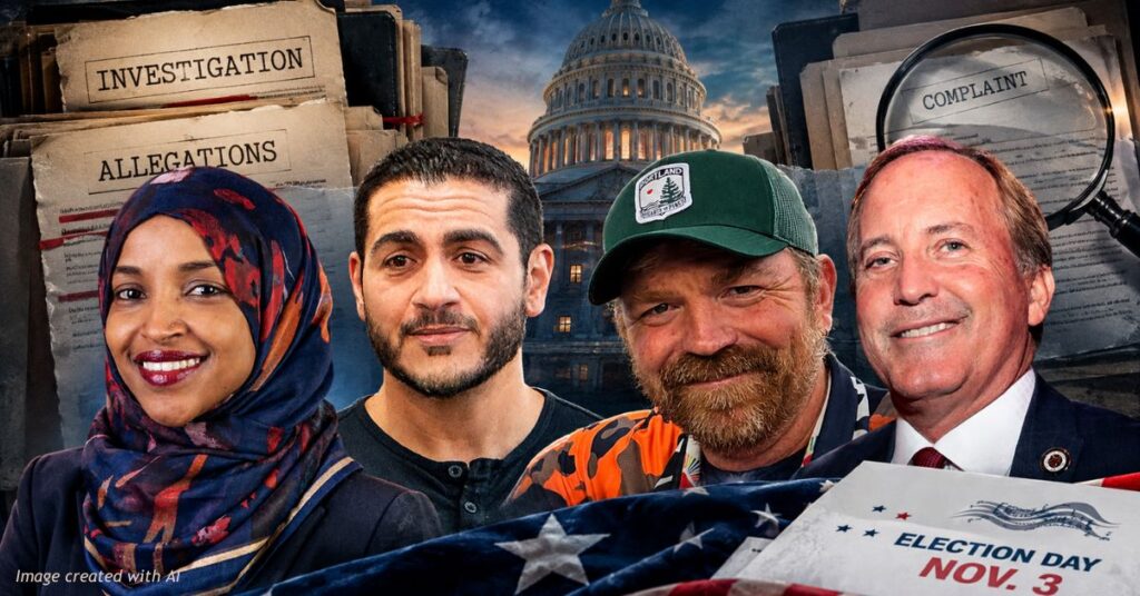 AI-generated editorial banner featuring Ilhan Omar, Abdul El-Sayed, Graham Platner and Ken Paxton against a U.S. Capitol backdrop, with imagery representing investigations and allegations ahead of the 2026 midterm elections.