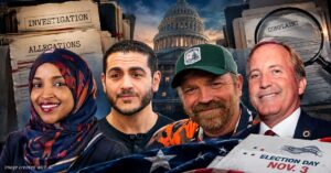 AI-generated editorial banner featuring Ilhan Omar, Abdul El-Sayed, Graham Platner and Ken Paxton against a U.S. Capitol backdrop, with imagery representing investigations and allegations ahead of the 2026 midterm elections.