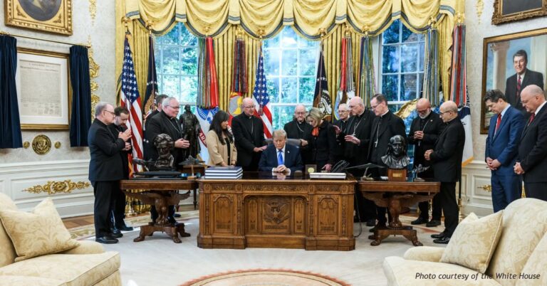 Catholic bishops pray over President Donald Trump during an October 2026 meeting in the Oval Office at the White House.
