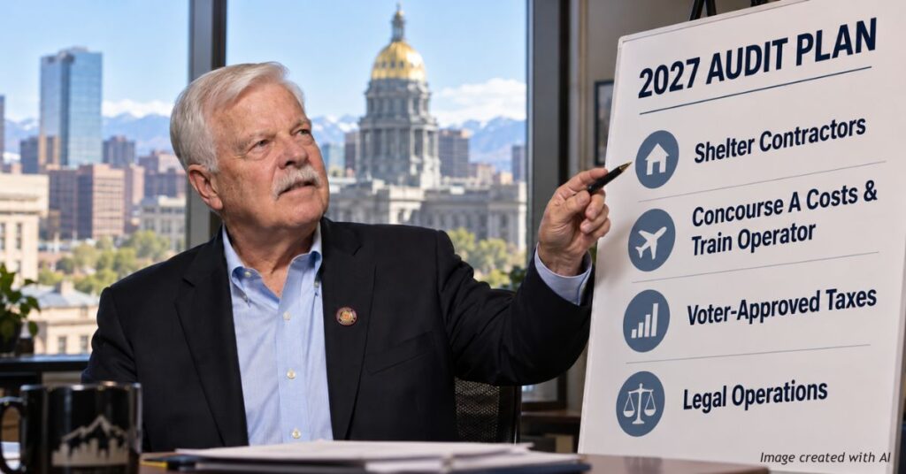 AI-generated illustration of Denver Auditor Timothy O'Brien presenting his 2027 audit priorities, including homeless shelter contractors, airport costs, voter-approved taxes and city legal operations.