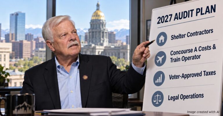 AI-generated illustration of Denver Auditor Timothy O'Brien presenting his 2027 audit priorities, including homeless shelter contractors, airport costs, voter-approved taxes and city legal operations.