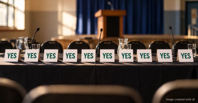 Ten YES placards line a forum table with microphones and empty chairs, illustrating broad agreement among Denver City Council candidates on policy issues.