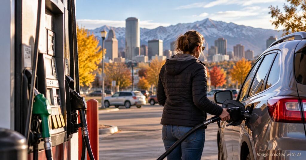 A woman fills her SUV at a Colorado gas station, with autumn trees, the Denver skyline and snow-covered Rocky Mountains in the background.