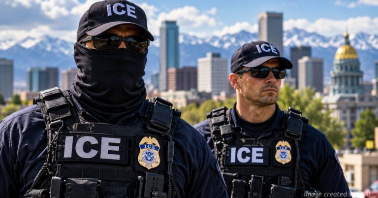 Masked and unmasked ICE officers illustrate Denver's legal dispute over federal law enforcement face coverings.