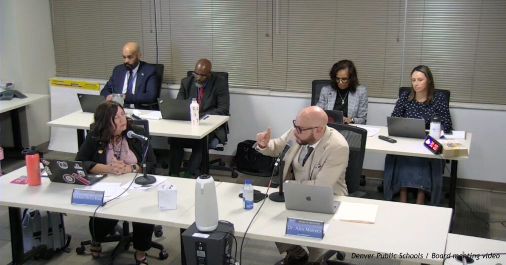 Denver Public Schools Superintendent Alex Marrero speaks into a microphone during the Oct. 8, 2026, school board work session.