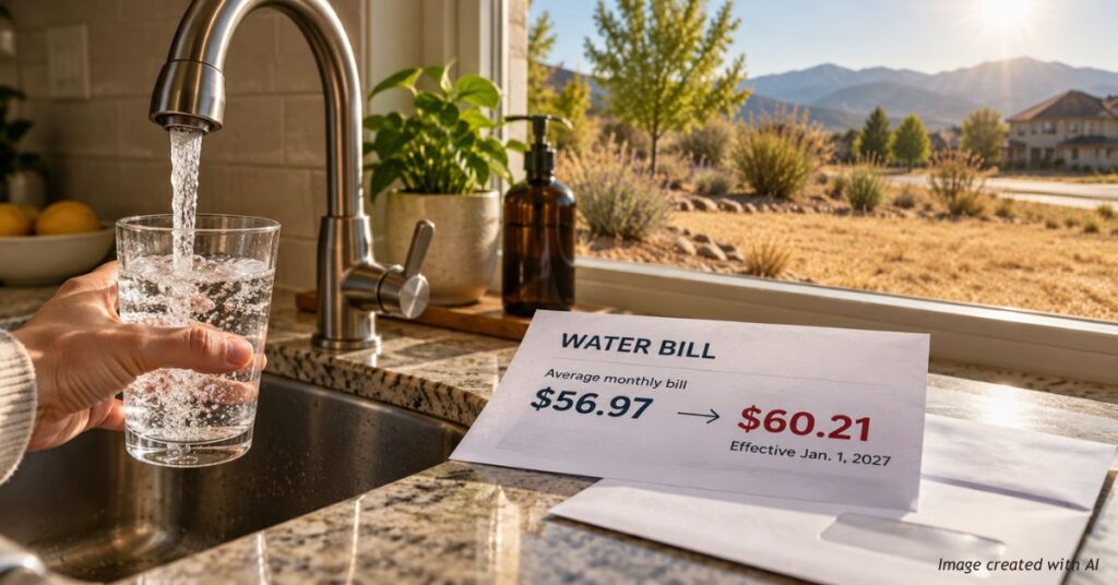 A glass fills from a kitchen faucet beside a water bill showing an increase from $56.97 to $60.21, with drought-dried landscaping visible outside.