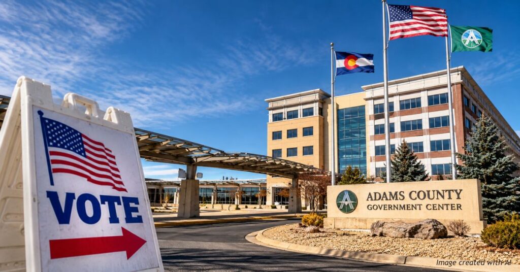 AI-generated image of the Adams County Government Center in Colorado, with American and Colorado flags and a Vote sign directing voters toward the building.