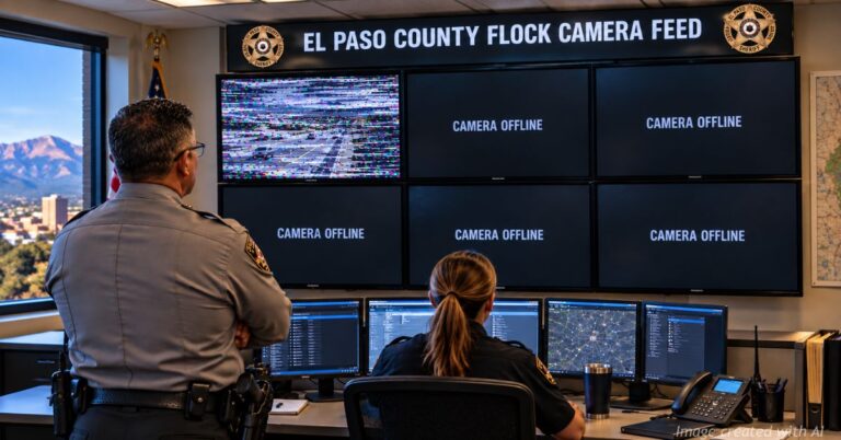 El Paso County sheriff oversees a control room as Flock camera monitors display “Camera Offline.”