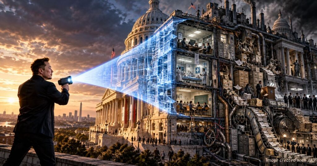 AI-generated illustration of Elon Musk opening a massive industrial structure filled with gears, government buildings, offices and television screens, with the U.S. Capitol in the background.