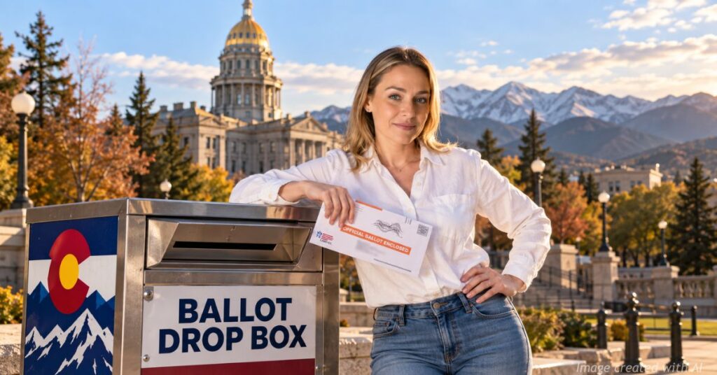 Erin Lee holds a Colorado ballot envelope beside a ballot drop box with the Colorado State Capitol behind her.