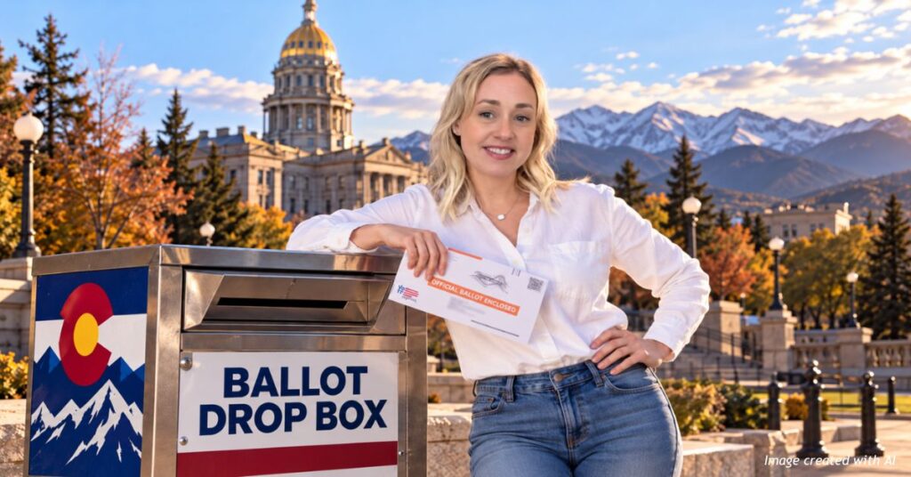 Erin Lee holds a Colorado ballot envelope beside a ballot drop box with the Colorado State Capitol behind her.