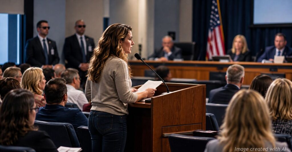 Mother speaks at a school board meeting as two men resembling federal agents observe from the background.