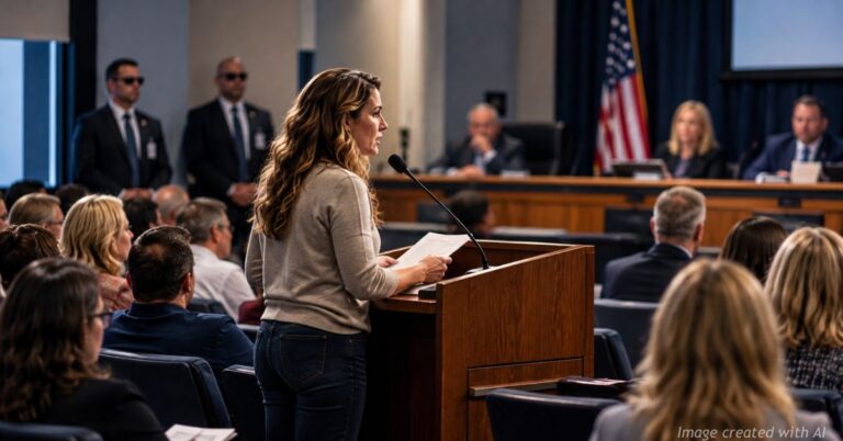 Mother speaks at a school board meeting as two men resembling federal agents observe from the background.