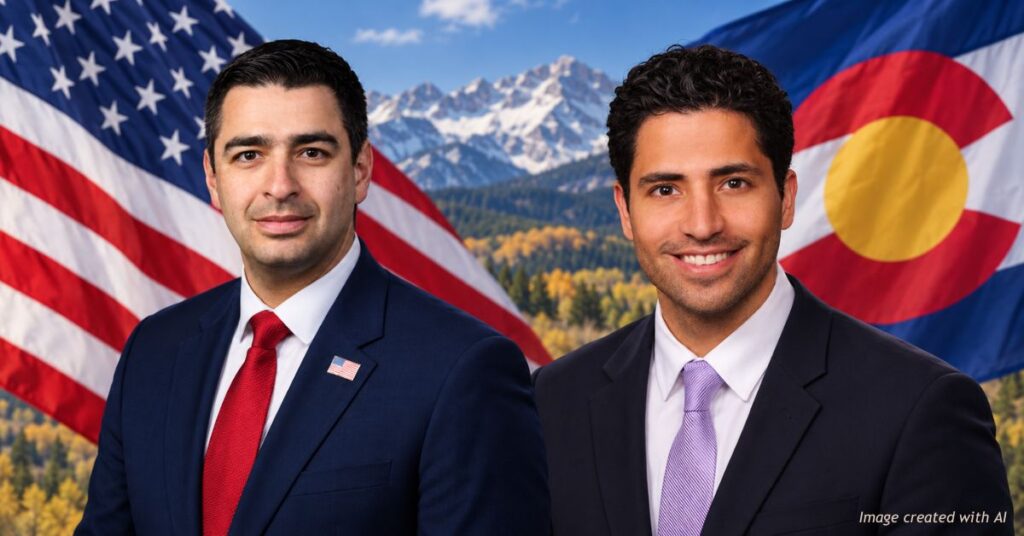 Editorial banner showing Gabe Evans and Manny Rutinel in front of American and Colorado flags with a mountain backdrop.
