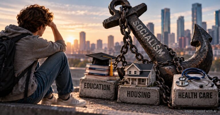 Young man at a city overlook beside an anchor marked Socialism, chained to education, housing and health care blocks.