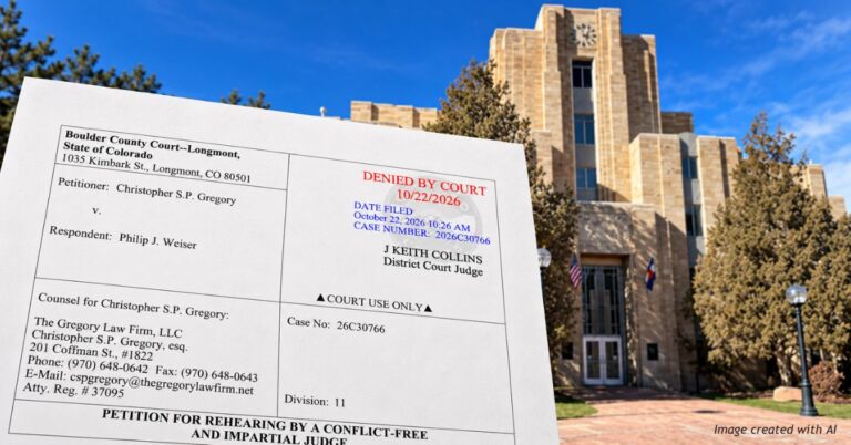 AI-generated image of the Boulder County Courthouse with Christopher S.P. Gregory’s October 22, 2026, petition for a conflict-free judge, marked denied by the court, in the foreground.