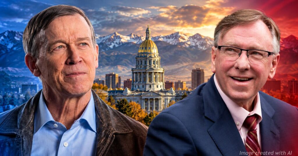 John Hickenlooper and Mark Baisley face off with the Colorado Capitol and Rocky Mountains behind them.