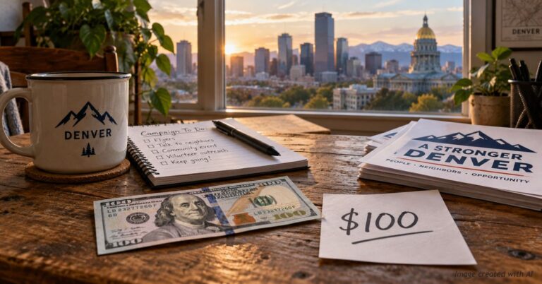 A $100 bill beside a campaign to-do list and flyers, with the Denver skyline and gold Capitol dome at sunset.