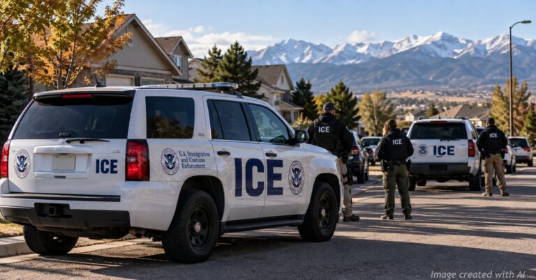Clearly marked ICE vehicles and federal agents pictured in a Southern Colorado neighborhood.