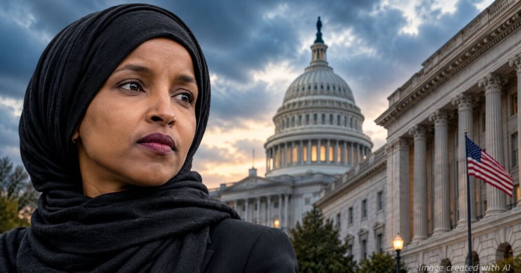 Rep. Ilhan Omar pictured with the U.S. Capitol and Department of Justice buildings in an editorial composite.