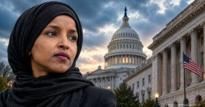 Rep. Ilhan Omar pictured with the U.S. Capitol and Department of Justice buildings in an editorial composite.