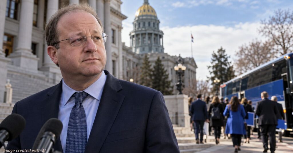 AI-generated editorial image of Colorado Gov. Jared Polis standing apart from a group of people boarding a campaign bus outside the Colorado State Capitol.