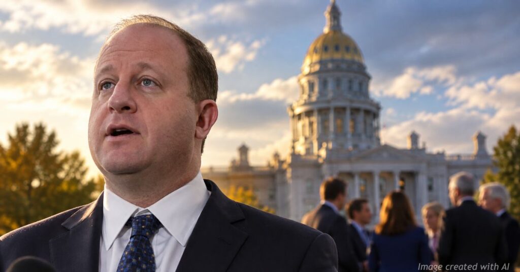AI illustration of Gov. Jared Polis outside the Colorado Capitol amid a Democratic divide over a $2.7 billion tax hike.