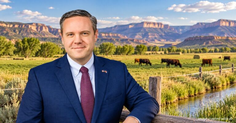 Illustration of Rep. Jeff Hurd against a Western Colorado ranch landscape with cattle, irrigated pasture and red rock mesas