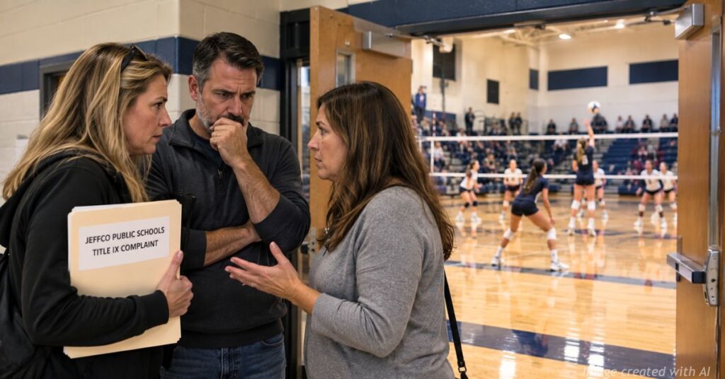 Three concerned parents discuss a Title IX complaint outside a high school gym during a girls' volleyball game.