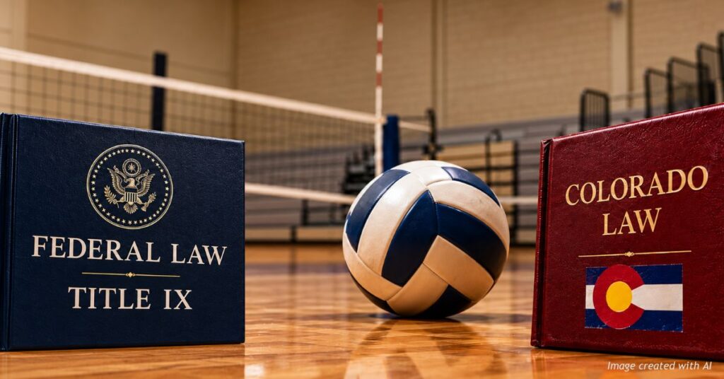 Volleyball on a high school gym floor between books labeled Federal Law Title IX and Colorado Law, illustrating Jeffco's legal conflict over transgender athletes.