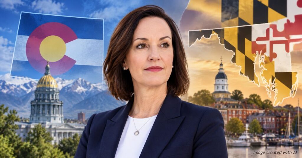 AI-generated portrait of Jessica Killin against Colorado and Maryland state flags, with government buildings representing the two states.