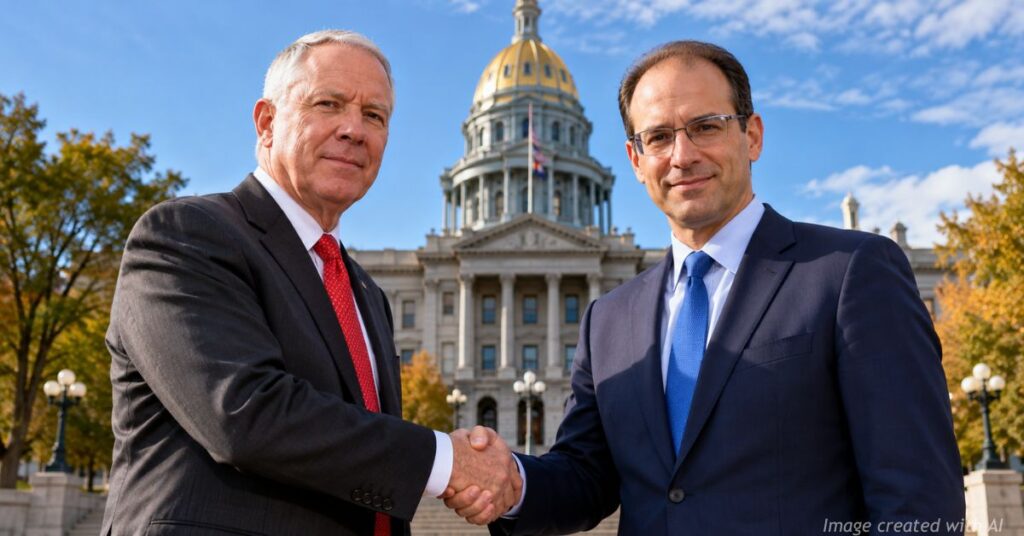 Editorial illustration of former Republican Congressman Ken Buck shaking hands with Democratic gubernatorial nominee Phil Weiser outside the Colorado State Capitol in Denver.