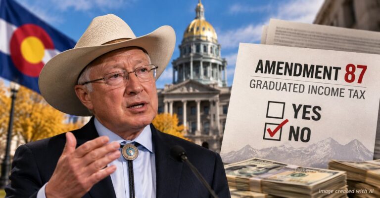 AI-generated illustration of former U.S. Sen. Ken Salazar speaking near the Colorado Capitol, with an Amendment 87 graduated income tax ballot graphic showing a No vote.