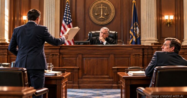 Attorney presents legal filings to a judge as opposing counsel watches tensely from across the courtroom.