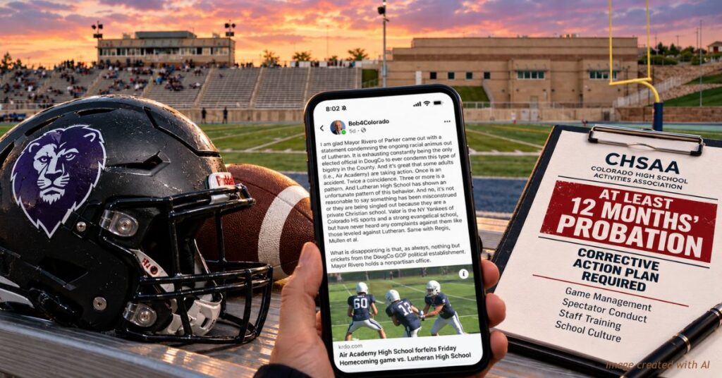 Lutheran High School football helmet beside a phone showing Bob Marshall’s Facebook post and a CHSAA probation notice