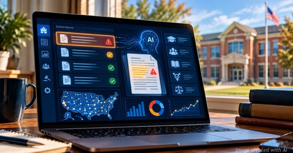 Laptop showing a conceptual AI dashboard with alerts for public school board agenda items.