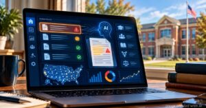 Laptop showing a conceptual AI dashboard with alerts for public school board agenda items.