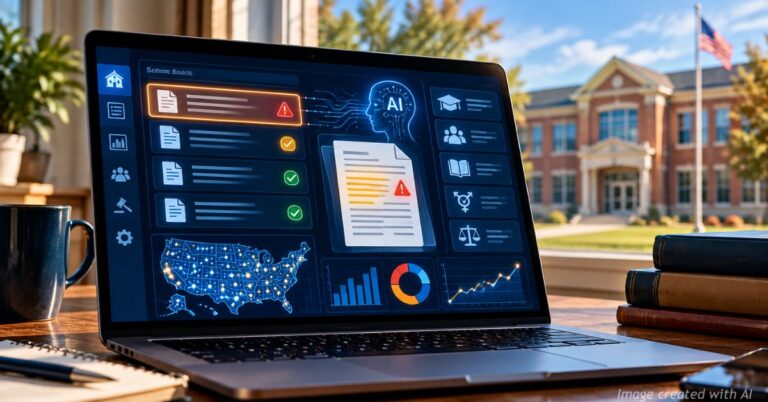 Laptop showing a conceptual AI dashboard with alerts for public school board agenda items.