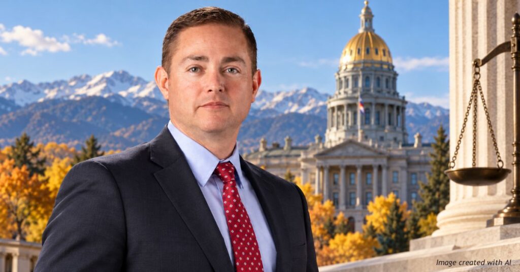 AI-generated portrait of Colorado attorney general candidate Michael Allen, with the Colorado State Capitol, Rocky Mountains and scales of justice in the background.