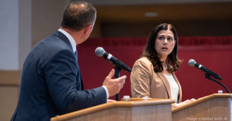 Illustration of Michael Allen addressing Jena Griswold as she reacts during a Colorado attorney general debate.