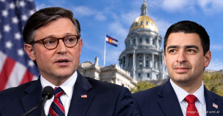 AI-generated editorial image of House Speaker Mike Johnson and U.S. Rep. Gabe Evans with the Colorado State Capitol and American and Colorado flags in the background.