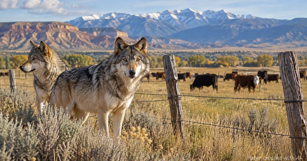 Two gray wolves stand near a barbed-wire fence overlooking grazing cattle on a Western Colorado ranch, with mountains in the background.