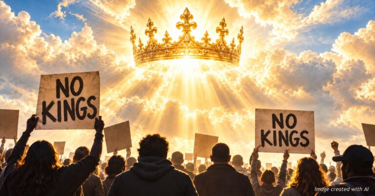 NO KINGS protest signs raised toward a golden crown breaking through sunlit clouds above the crowd