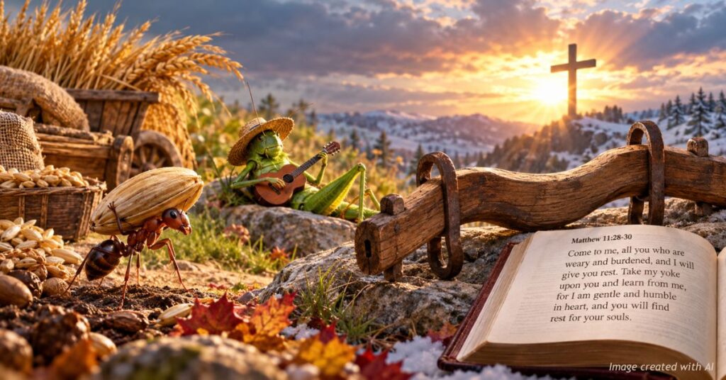 AI-generated illustration of an ant carrying grain, a grasshopper playing guitar, and a wooden yoke beside an open Bible, with a cross in the distance.