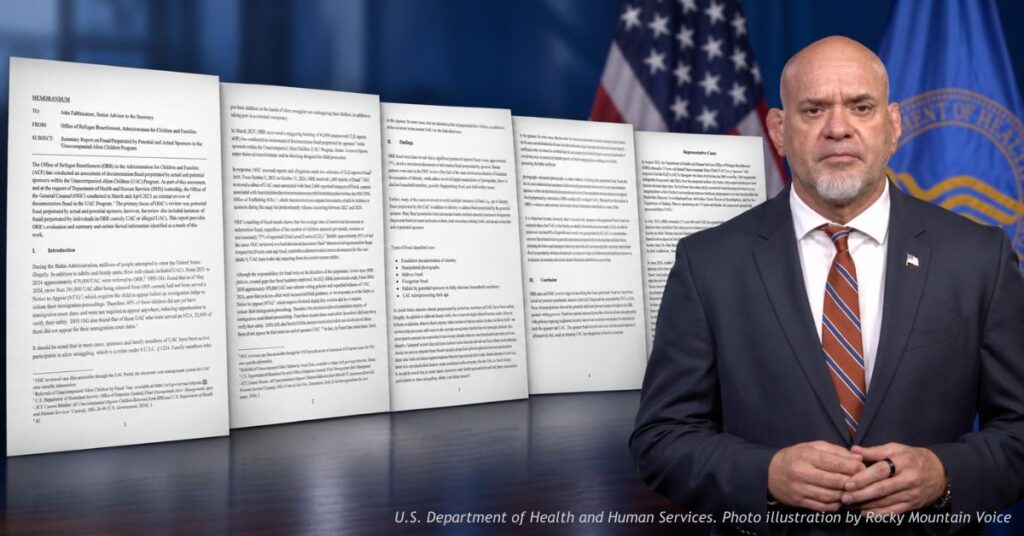 John Fabbricatore of the HHS Office of Refugee Resettlement standing before a U.S. flag and the HHS seal, with the pages of ORR's October 2026 memorandum on sponsor fraud displayed beside him.