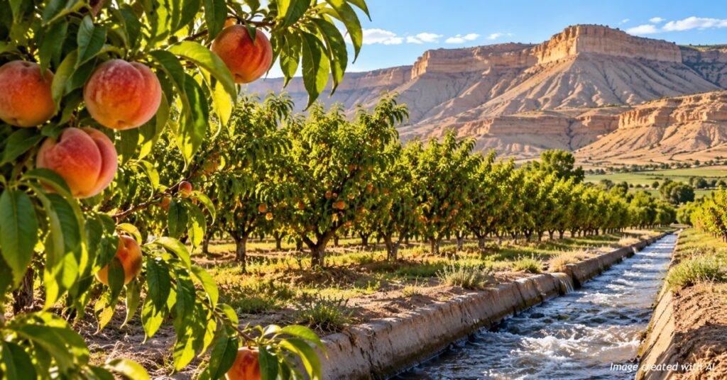 Ripe peaches hang from trees beside a flowing irrigation canal in a Palisade-area orchard, with Colorado's Western Slope mesas in the background.