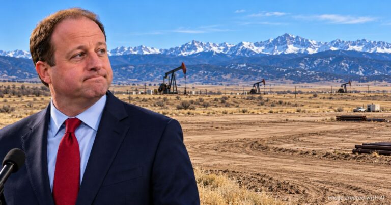 Gov. Jared Polis at a microphone with oil and gas pump jacks and the Rocky Mountains behind him