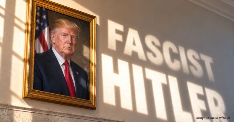 Donald Trump's official portrait hangs beside the words FASCIST and HITLER cast in shadow on the wall