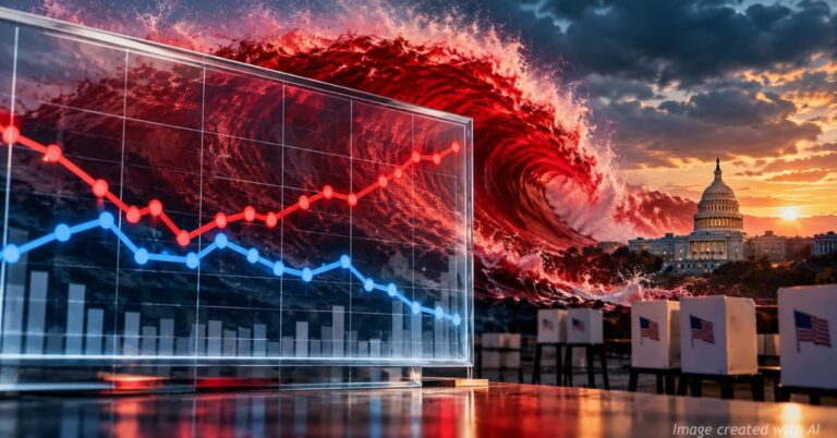 Polling chart stands before a rising red wave with the U.S. Capitol in the distance.