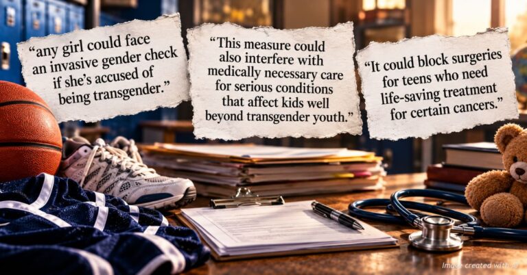 Quote cards from opponents of Colorado Propositions 134 and 135 above a desk holding sports gear and medical equipment